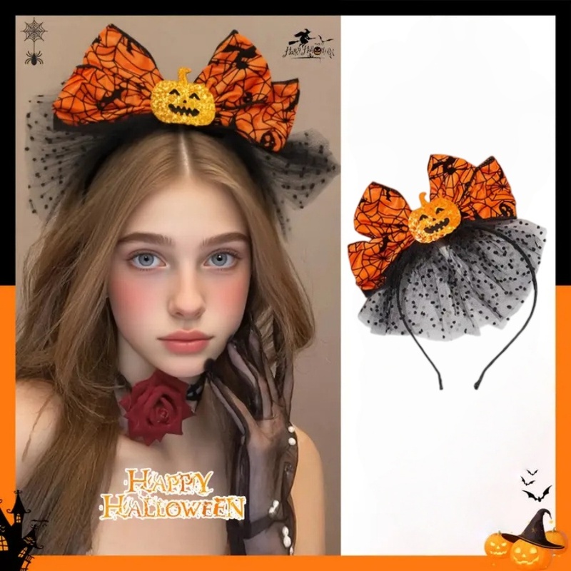 Cosplay Bat Prop - 1pc ハロウィンカボチャ弓ヘッドバンドオレンジ蜘蛛の巣バット弓黒水玉チュールヘアバンドヘアアクセサリーパーティーコスプレ