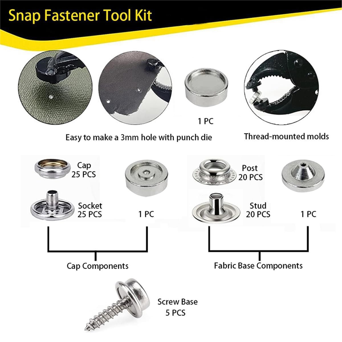 頑丈なスナップファスナーツールキット、25セットのスナップ、 - Snap Plier Setter のレビューと価格